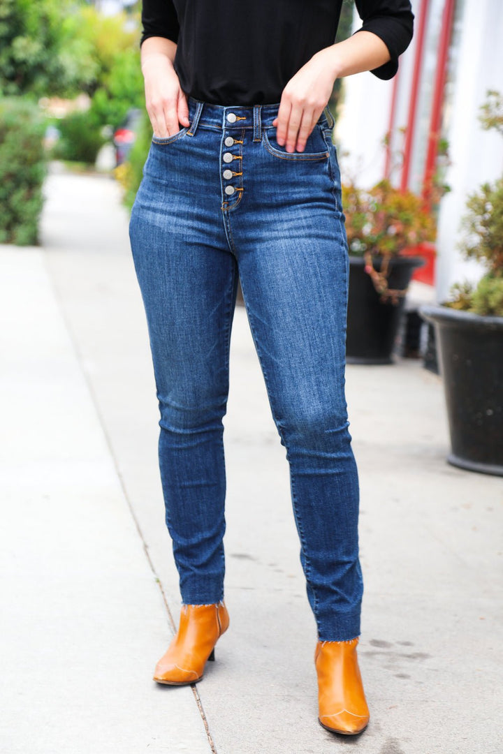 Stand Out Dark Denim High Rise Skinny Fit Button Fly Jeans - Nikki &amp; Co. Boutique
