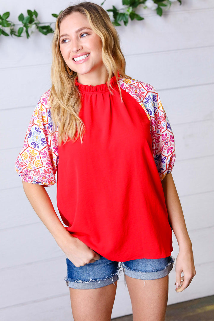 Cardinal Red Frilled Mock Neck Floral Puff Sleeve Tops | Nikki &amp; Co. Boutique