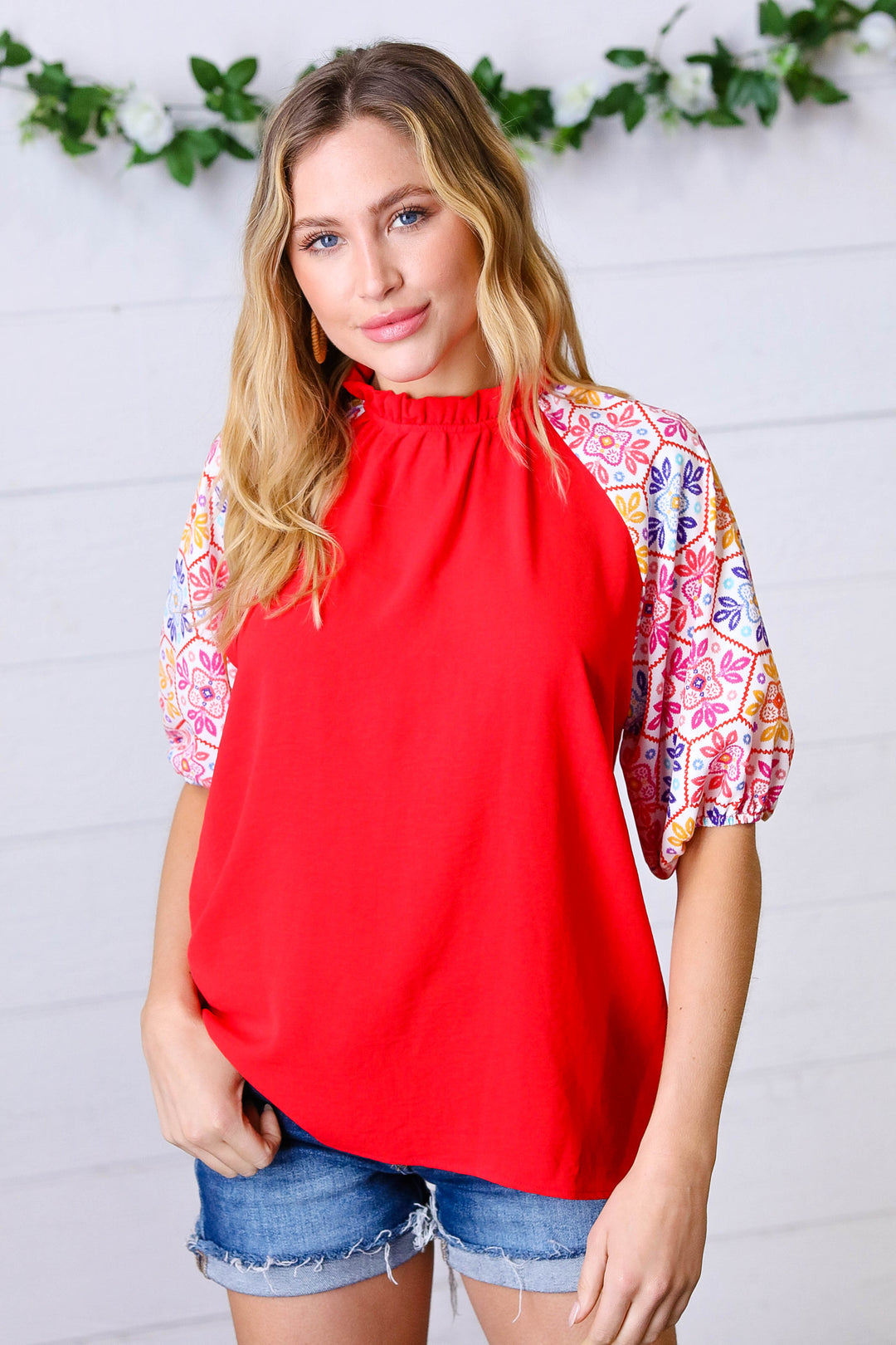 Cardinal Red Frilled Mock Neck Floral Puff Sleeve Tops | Nikki &amp; Co. Boutique