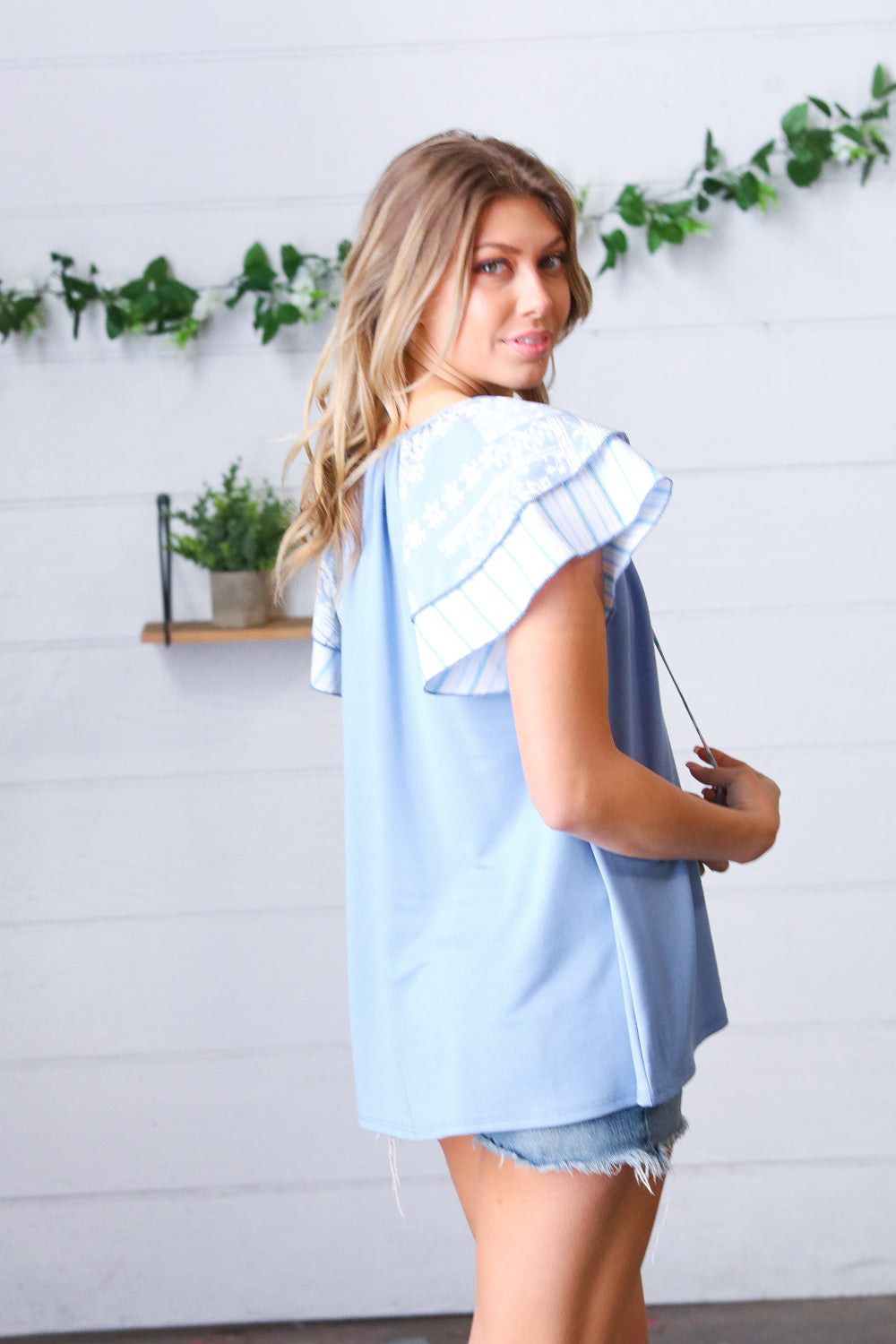 Blue Floral &amp; Stripe V Neck Tie Double Flutter Sleeve Tops | Nikki &amp; Co. Boutique