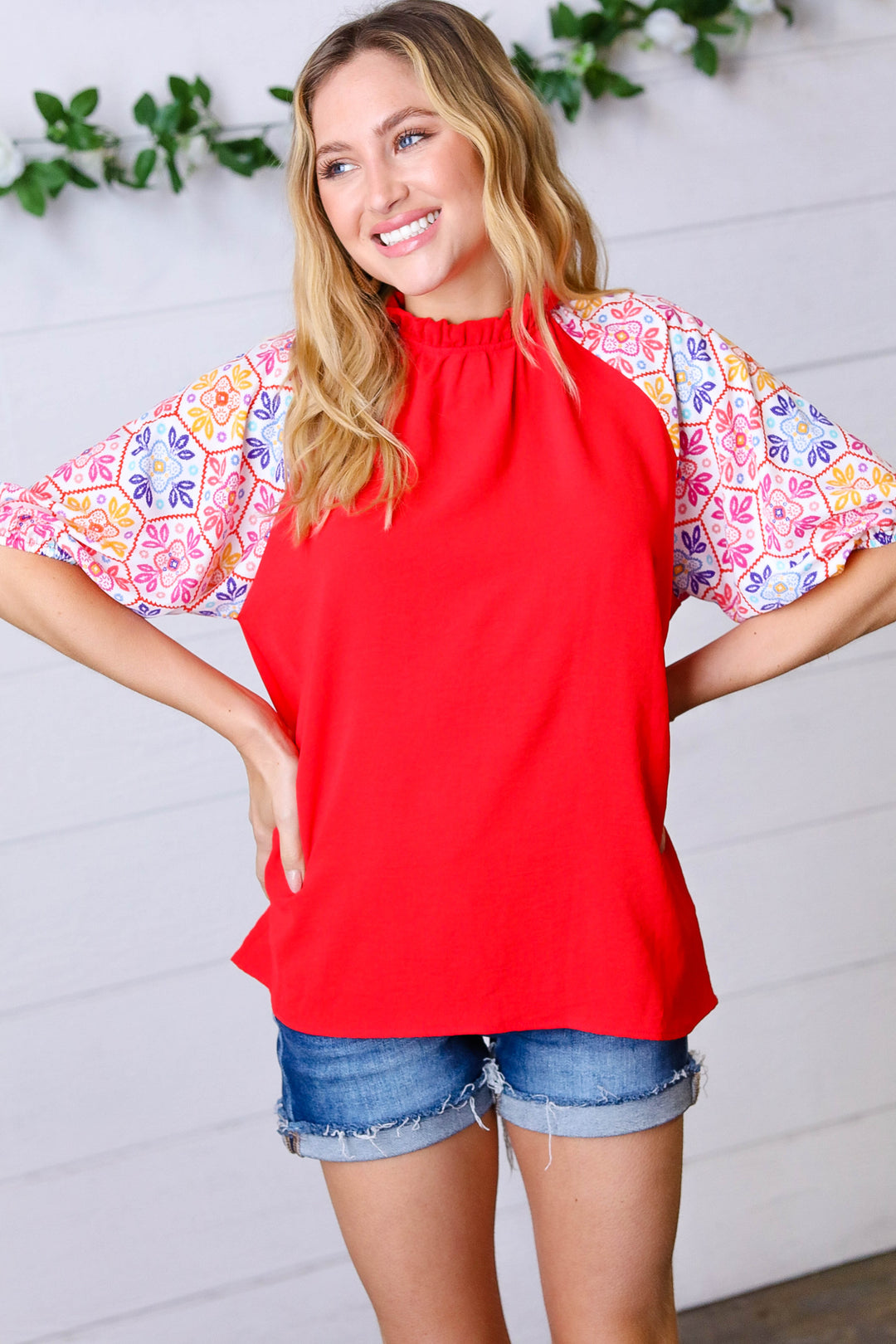 Cardinal Red Frilled Mock Neck Floral Puff Sleeve Tops | Nikki &amp; Co. Boutique