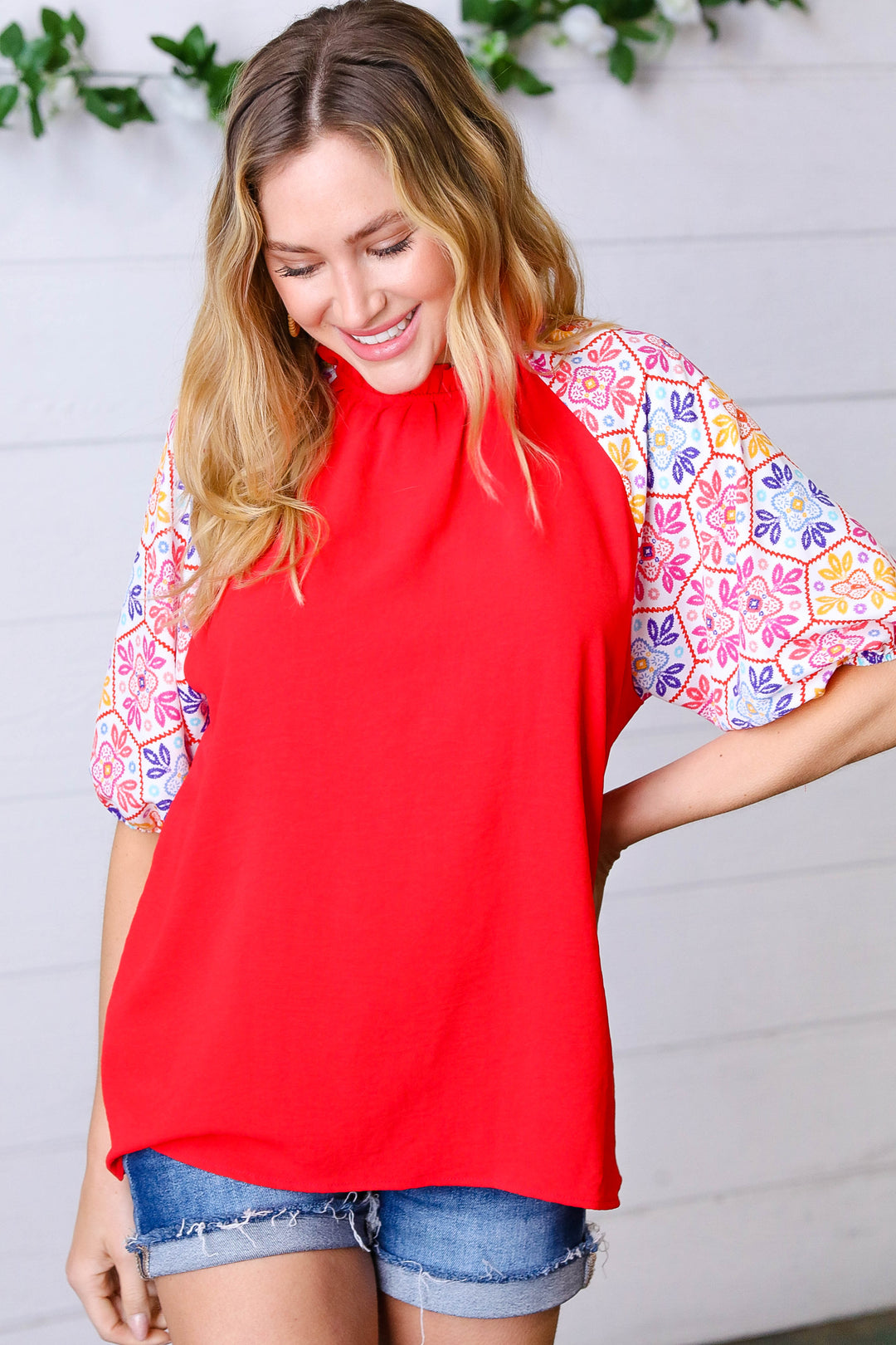 Cardinal Red Frilled Mock Neck Floral Puff Sleeve Tops | Nikki &amp; Co. Boutique