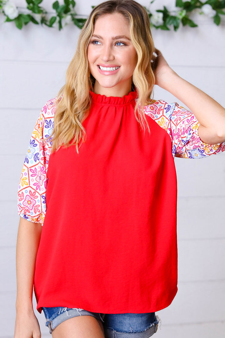 Cardinal Red Frilled Mock Neck Floral Puff Sleeve Tops | Nikki &amp; Co. Boutique