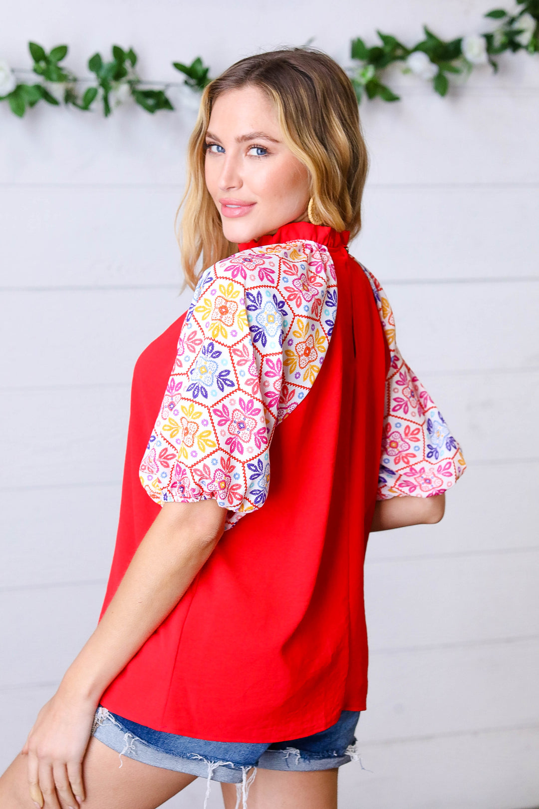 Cardinal Red Frilled Mock Neck Floral Puff Sleeve Tops | Nikki &amp; Co. Boutique