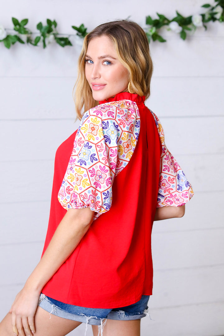 Cardinal Red Frilled Mock Neck Floral Puff Sleeve Tops | Nikki &amp; Co. Boutique