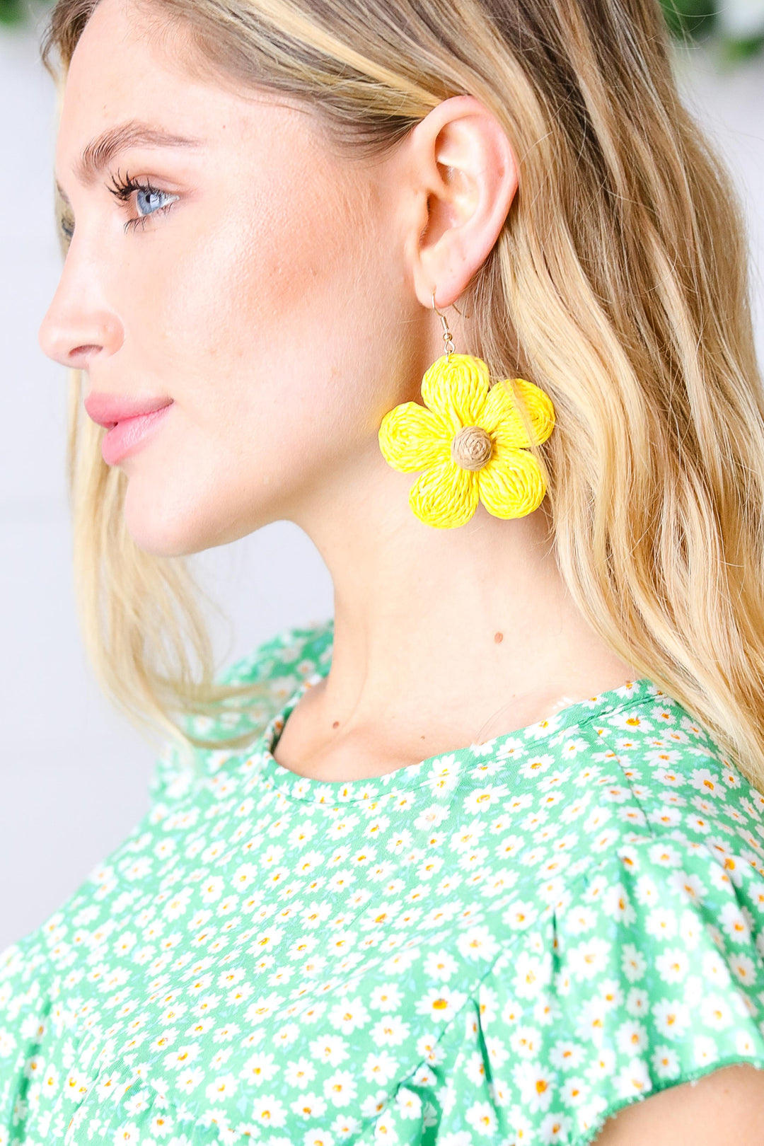 Canary Handwoven Straw Flower Dangle Earrings | Nikki &amp; Co. Boutique