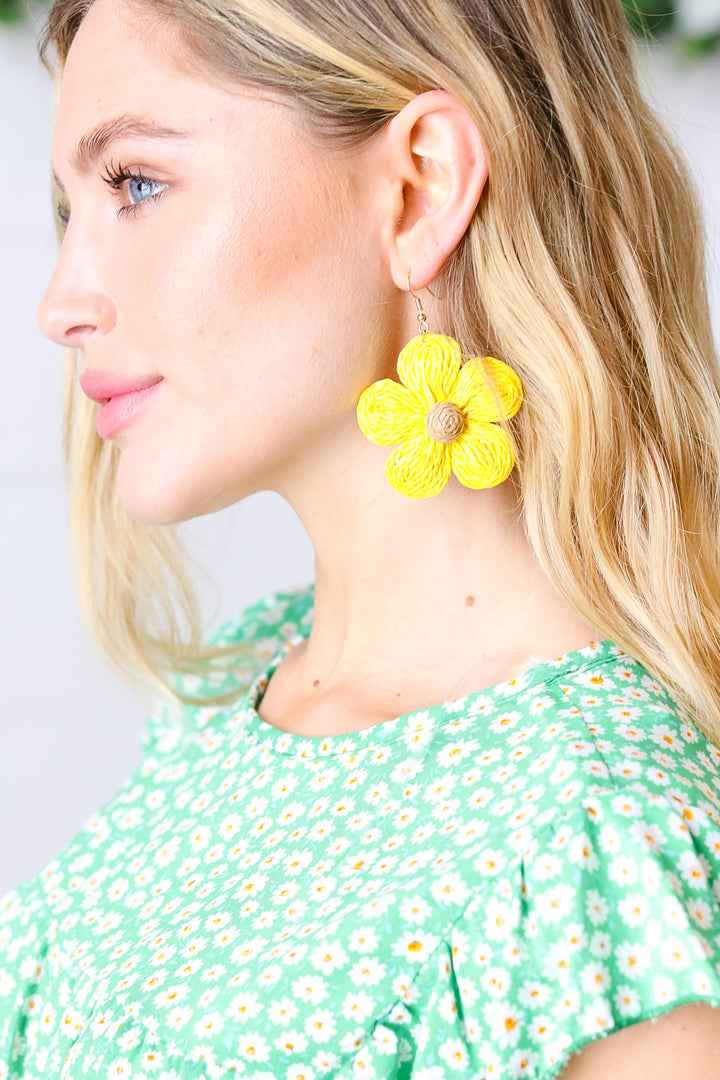Canary Handwoven Straw Flower Dangle Earrings | Nikki &amp; Co. Boutique