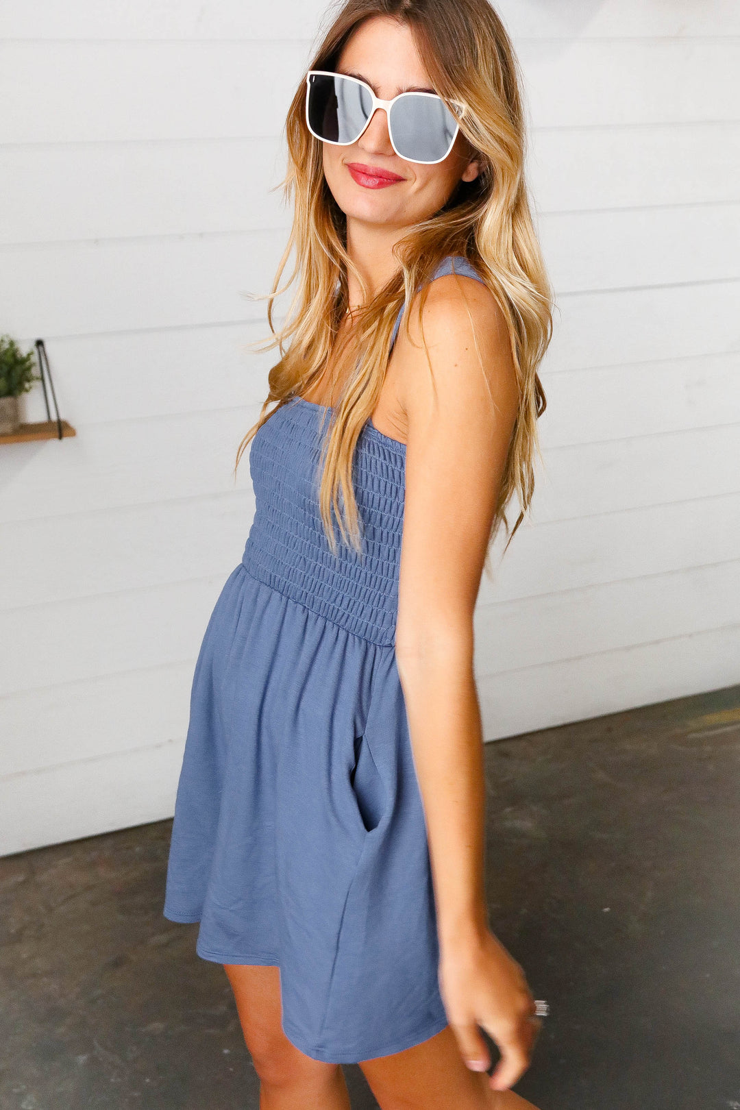 Dusty Blue Terry Smocked Tank Top Baggy Shorts Romper | Nikki &amp; Co. Boutique
