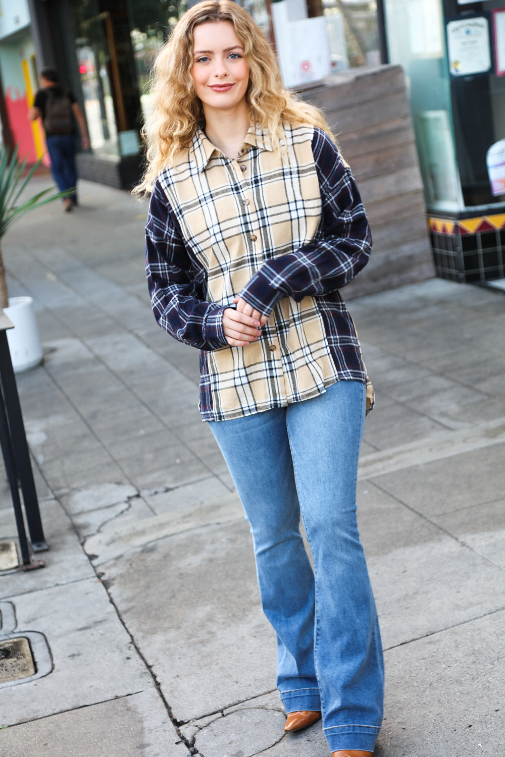 Navy &amp; Beige Cotton Plaid Hi-Lo Shirt Top | Nikki &amp; Co. Boutique