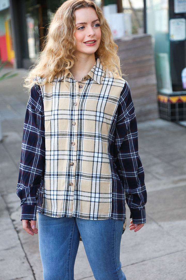 Navy &amp; Beige Cotton Plaid Hi-Lo Shirt Top | Nikki &amp; Co. Boutique