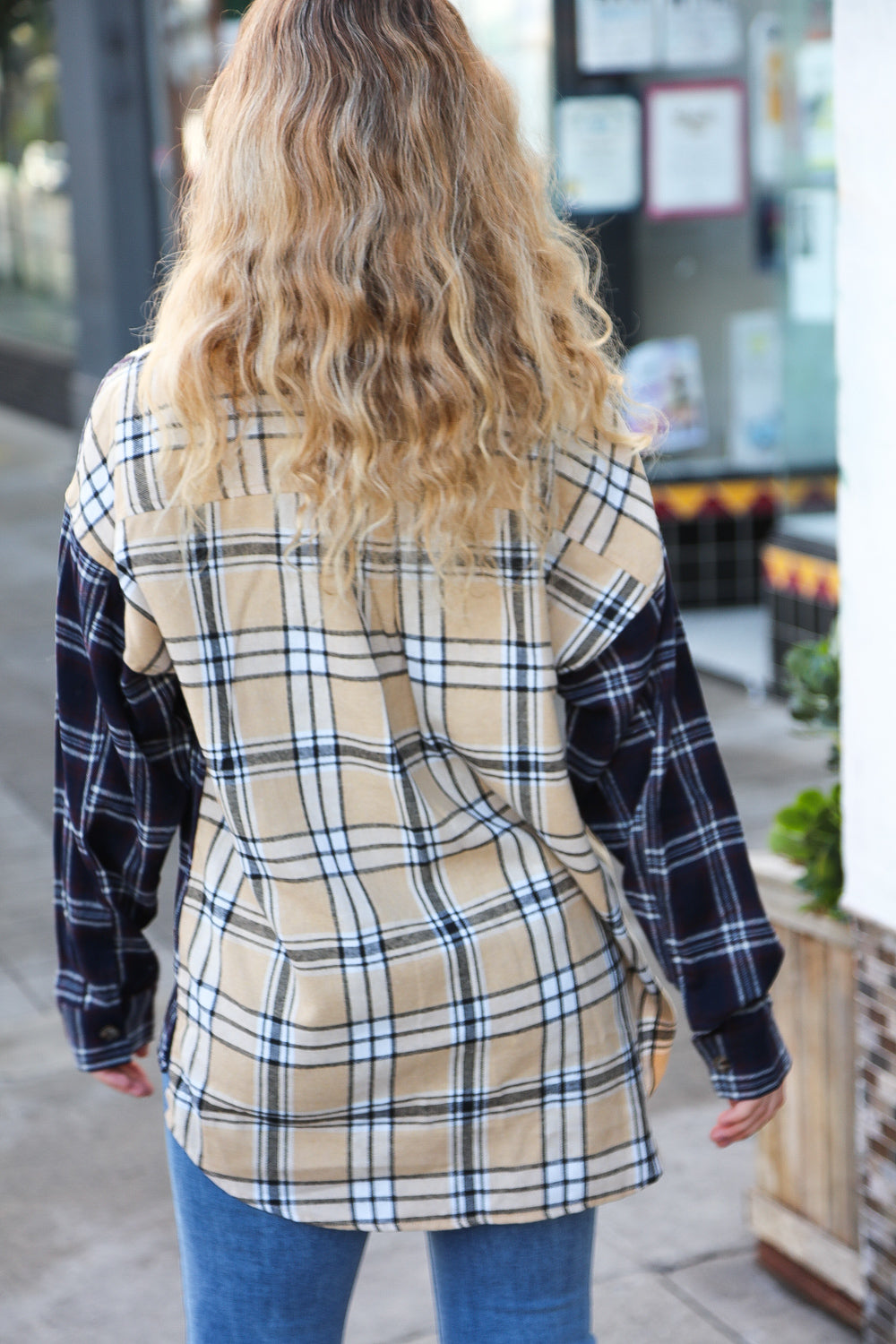 Navy &amp; Beige Cotton Plaid Hi-Lo Shirt Top | Nikki &amp; Co. Boutique