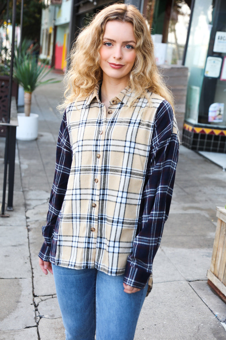 Navy &amp; Beige Cotton Plaid Hi-Lo Shirt Top | Nikki &amp; Co. Boutique