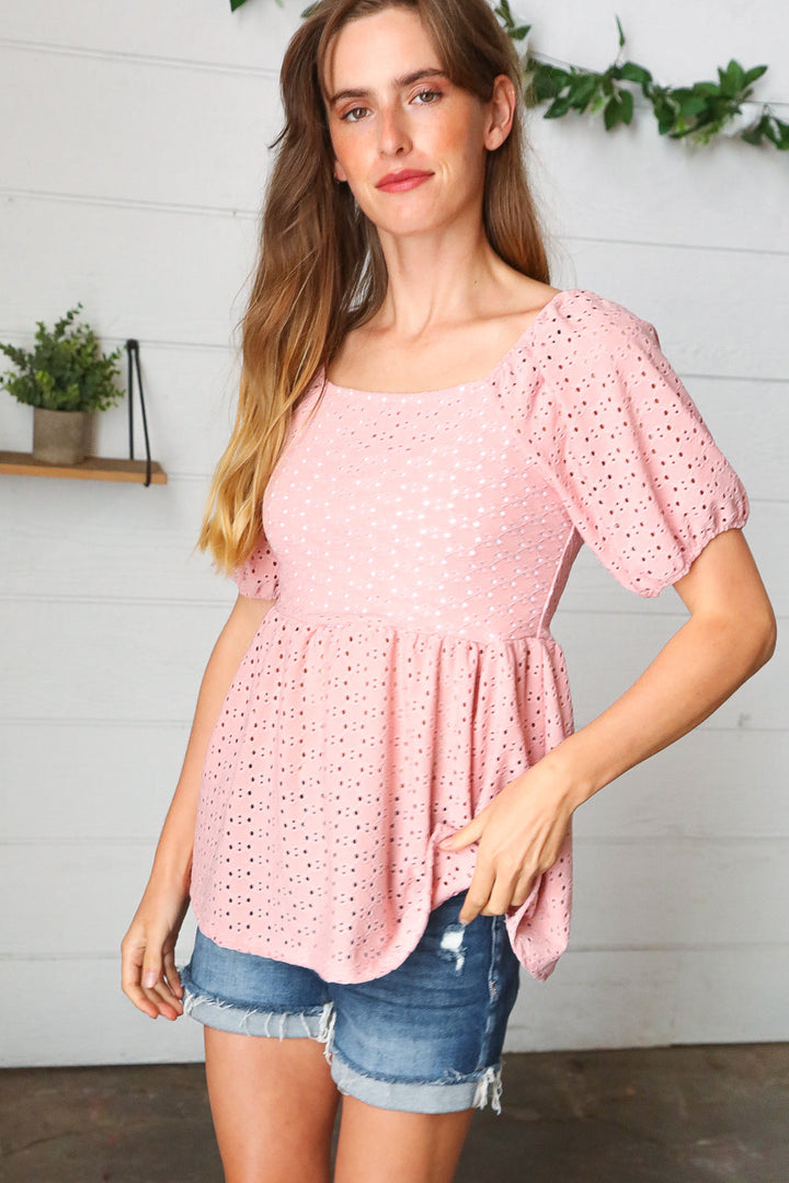 Mauve Eyelet Puff Sleeve Babydoll Tops | Nikki &amp; Co. Boutique