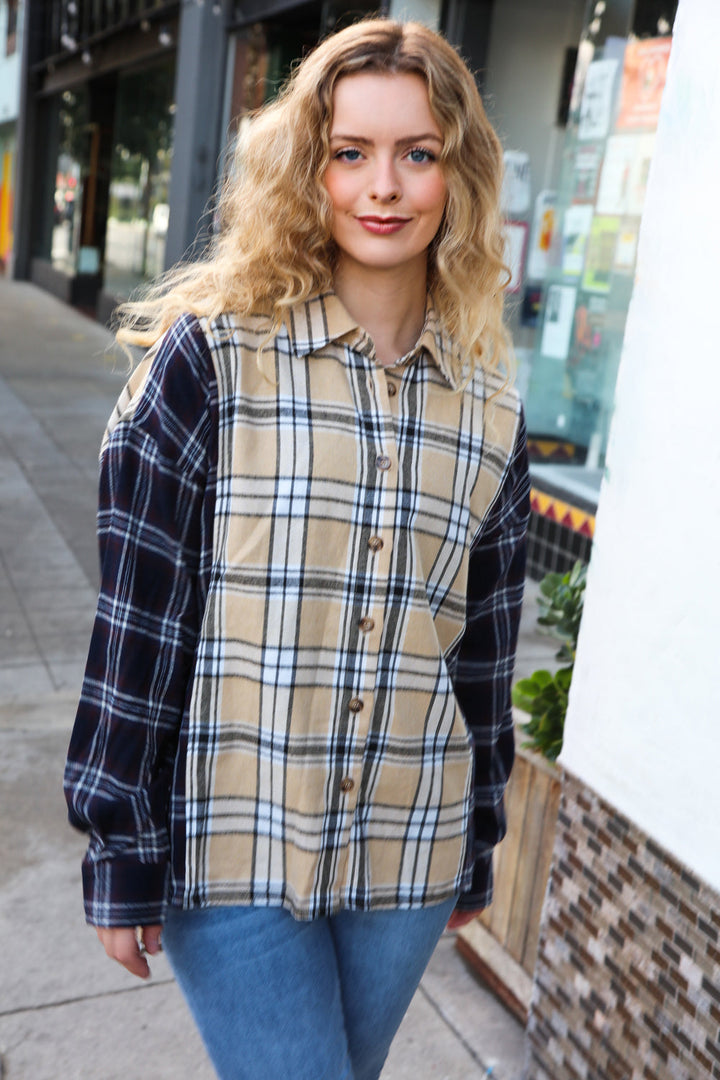 Navy &amp; Beige Cotton Plaid Hi-Lo Shirt Top | Nikki &amp; Co. Boutique