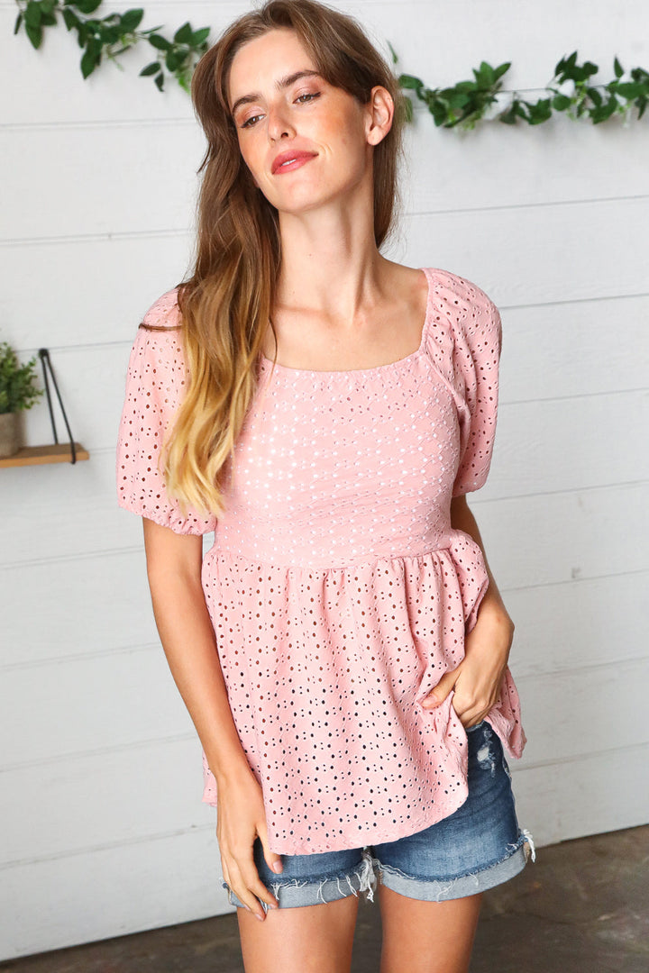 Mauve Eyelet Puff Sleeve Babydoll Tops | Nikki &amp; Co. Boutique