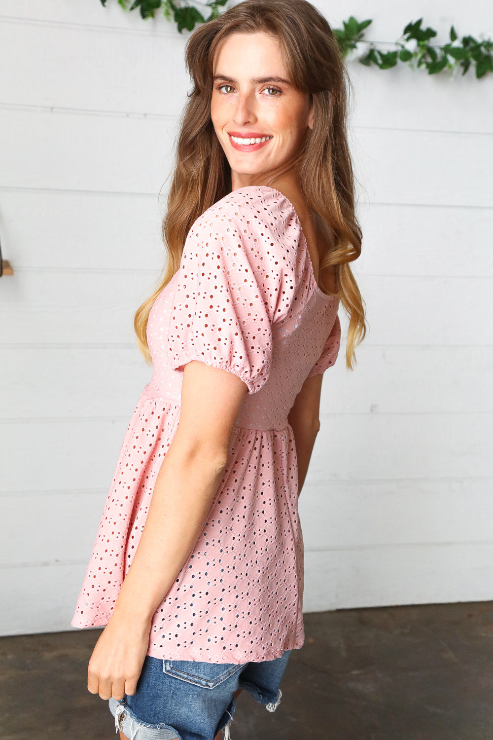 Mauve Eyelet Puff Sleeve Babydoll Tops | Nikki &amp; Co. Boutique