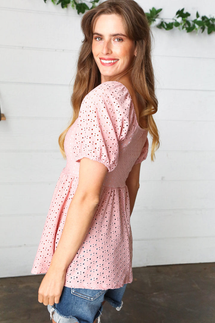 Mauve Eyelet Puff Sleeve Babydoll Tops | Nikki &amp; Co. Boutique
