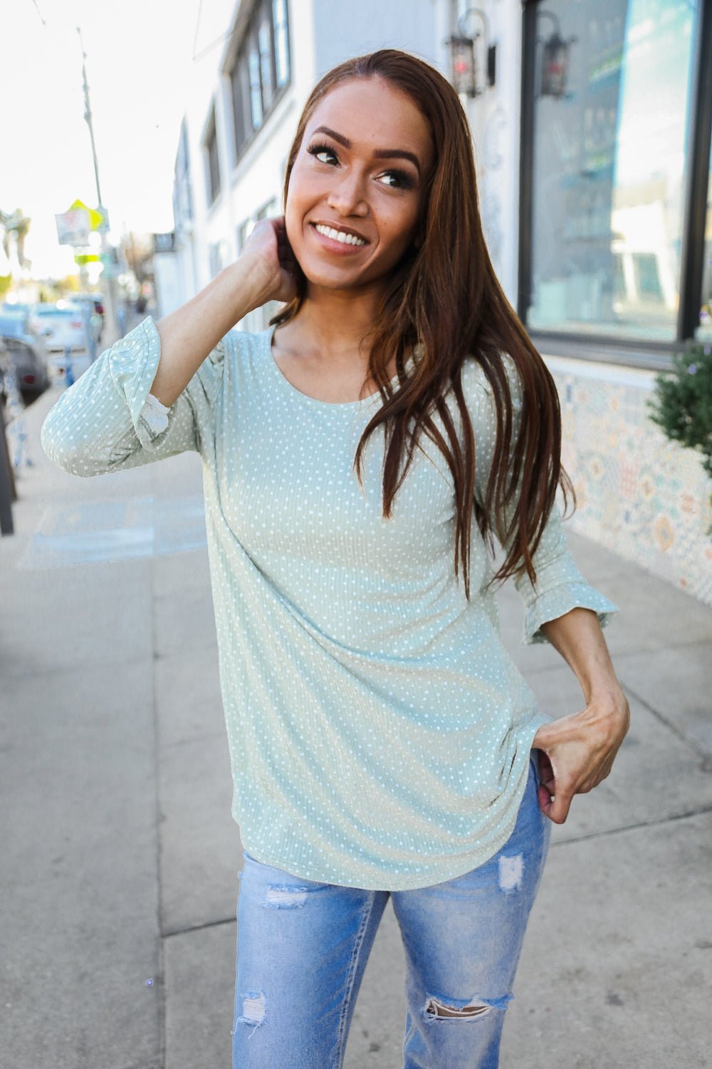 Dazzle in Grey Animal Print Ruched Sleeve Round Neck Tops - Nikki &amp; Co. Boutique