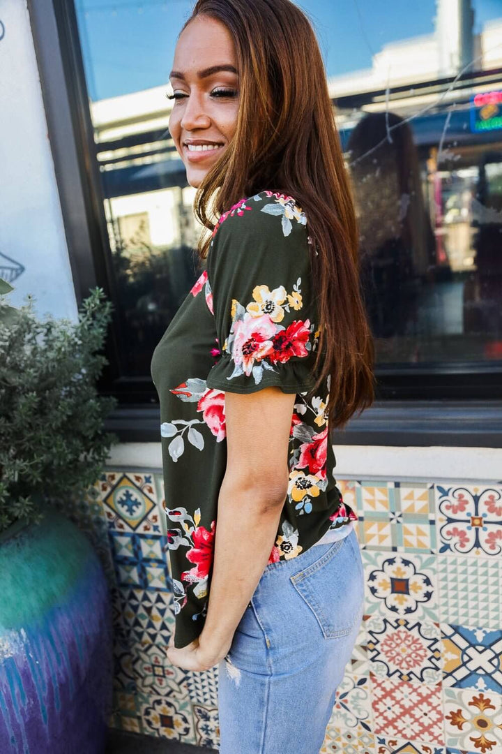 Flower Power Moss Green Floral Print Ruffle Puff Sleeve Tops - Nikki &amp; Co. Boutique