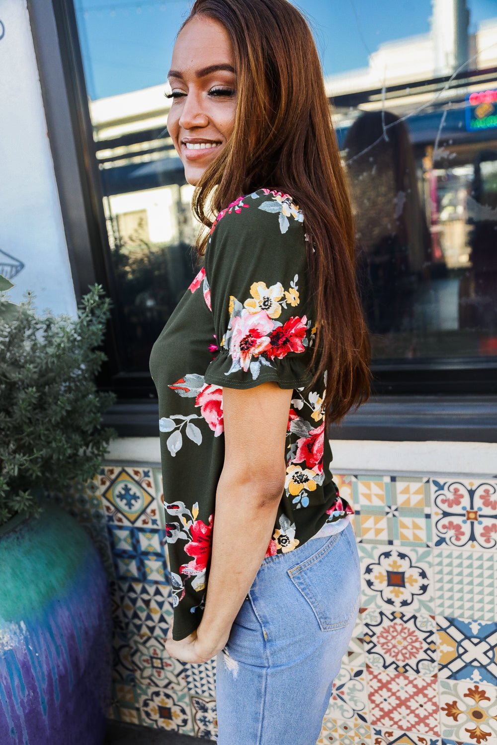 Flower Power Moss Green Floral Print Ruffle Puff Sleeve Tops - Nikki &amp; Co. Boutique