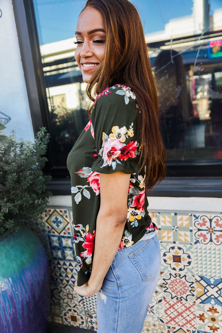 Flower Power Moss Green Floral Print Ruffle Puff Sleeve Tops - Nikki &amp; Co. Boutique
