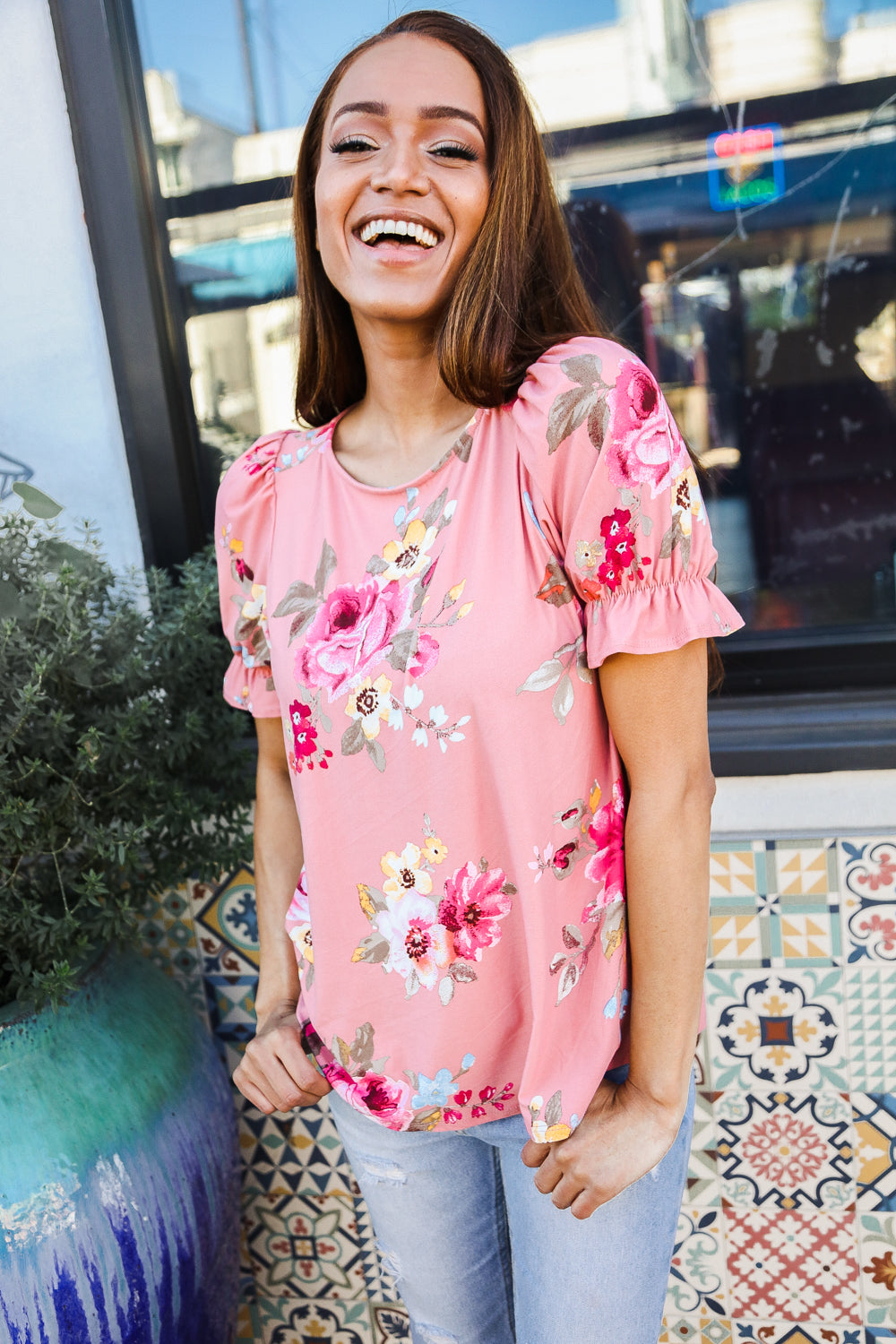 Pretty in Pink Floral Print Shorts Elastic Ruffle Sleeve Tops | Nikki &amp; Co. Boutique