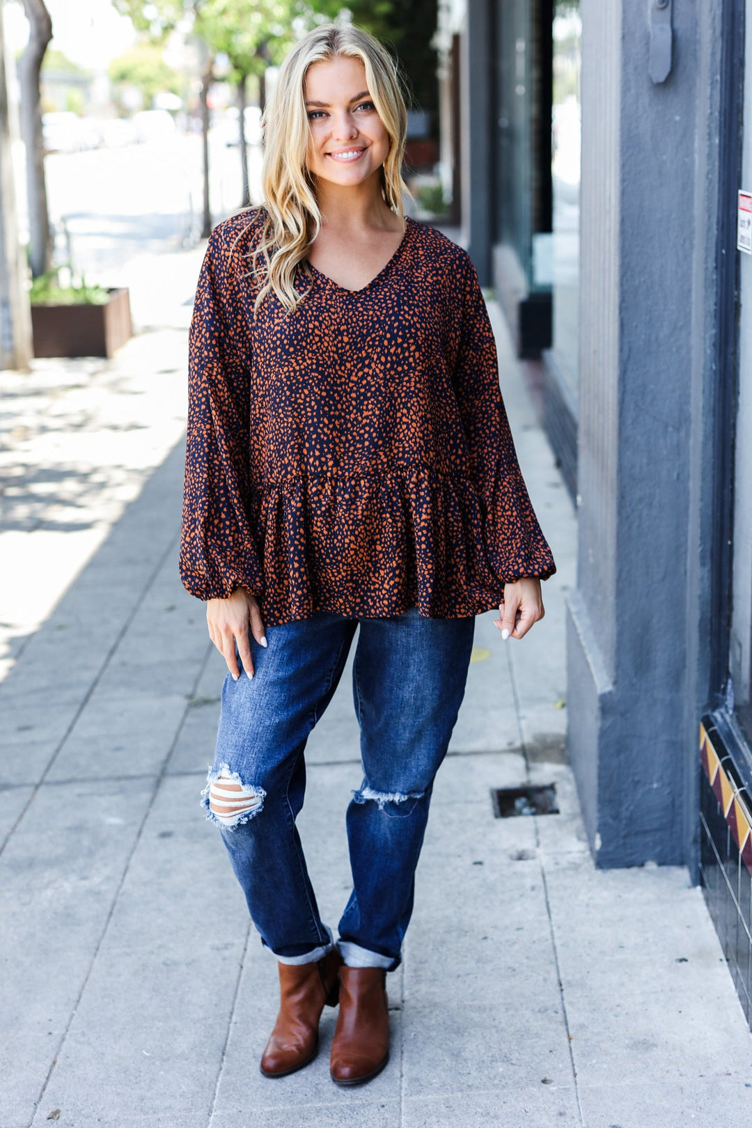 Navy &amp; Rust Leopard Woven Babydoll Tops | Nikki &amp; Co. Boutique