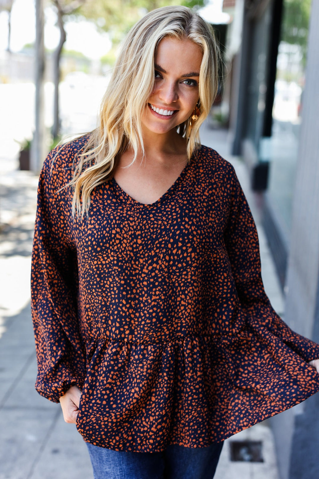 Navy & Rust Leopard Woven Babydoll Tops | Nikki & Co. Boutique