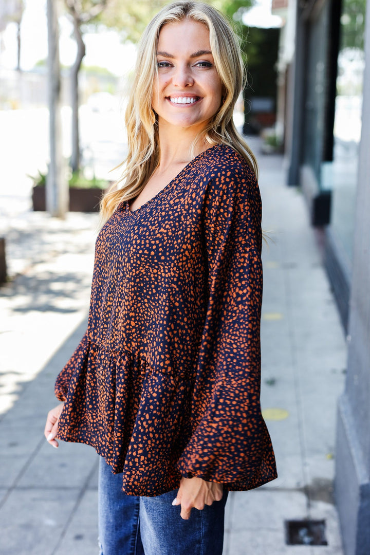 Navy &amp; Rust Leopard Woven Babydoll Tops | Nikki &amp; Co. Boutique