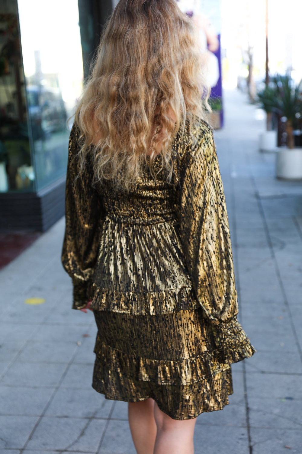 Dazzling Black Gold Foiled Smocked Fit &amp; Flare Dress | Nikki &amp; Co. Boutique