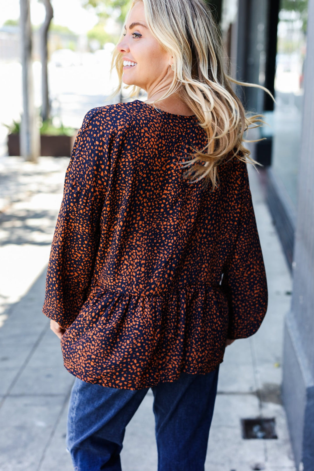 Navy &amp; Rust Leopard Woven Babydoll Tops | Nikki &amp; Co. Boutique