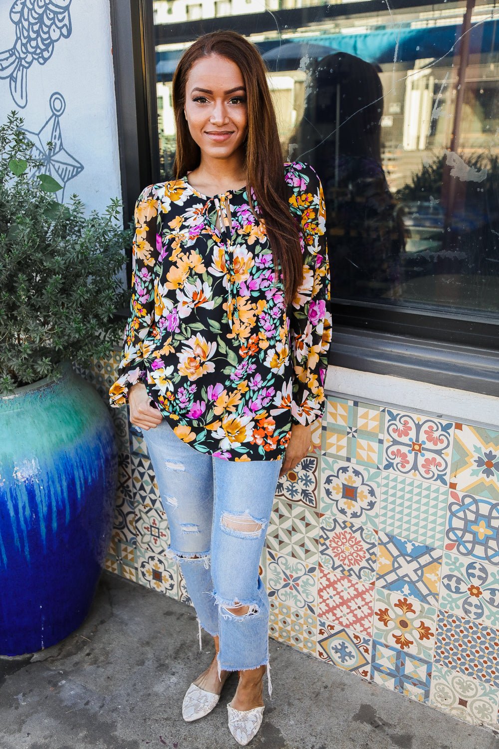 Boho Vibes Notch Tie Neck Floral Print Long Sleeve Blouse - Nikki &amp; Co. Boutique