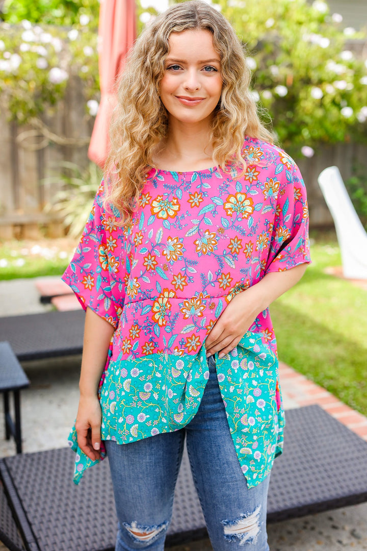 Vacay Ready Fuchsia Paisley Floral Dolman Sleeve Shark Bite Tops | Nikki &amp; Co. Boutique
