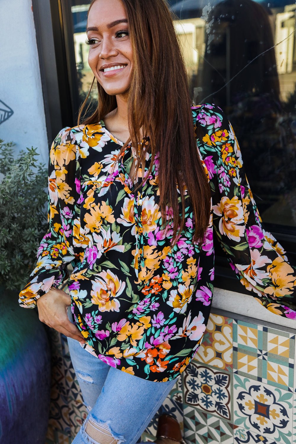 Boho Vibes Notch Tie Neck Floral Print Long Sleeve Blouse - Nikki &amp; Co. Boutique