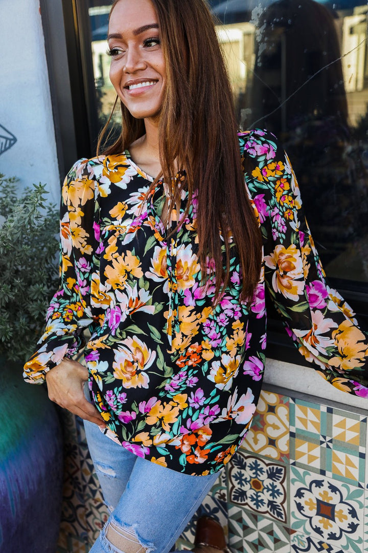 Boho Vibes Notch Tie Neck Floral Print Long Sleeve Blouse - Nikki &amp; Co. Boutique
