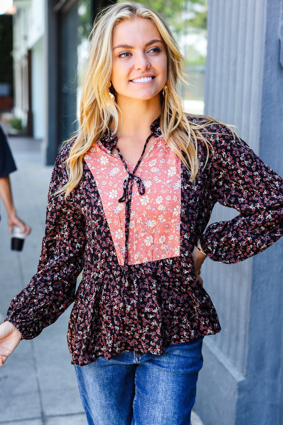 Black Floral Beaded Tie Peasant Woven Blouse - Nikki &amp; Co. Boutique