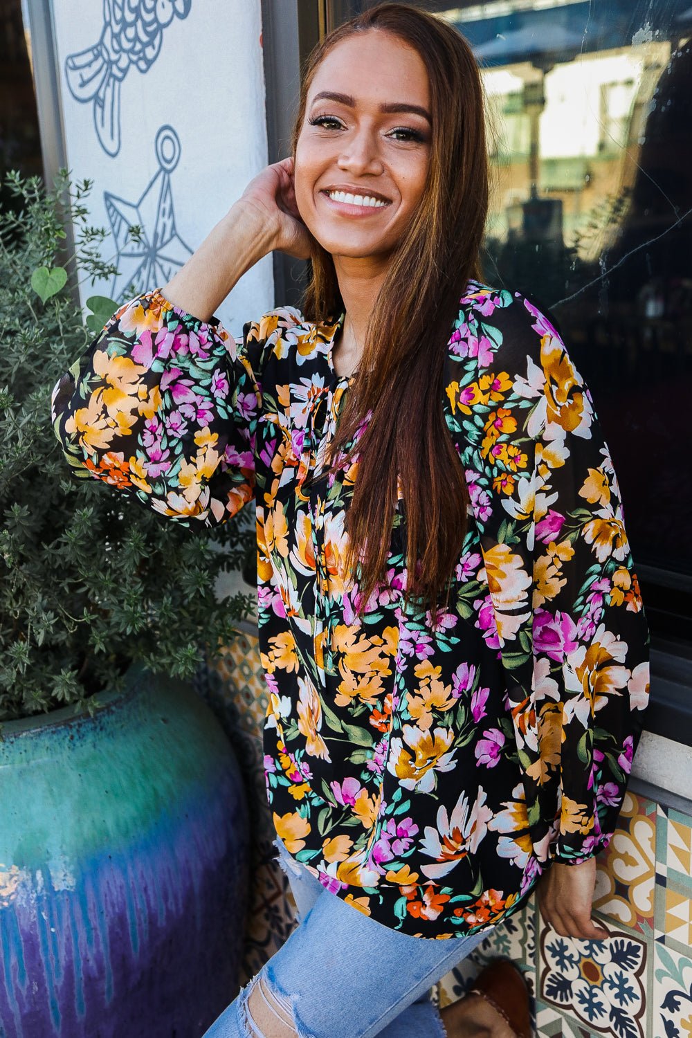 Boho Vibes Notch Tie Neck Floral Print Long Sleeve Blouse - Nikki &amp; Co. Boutique