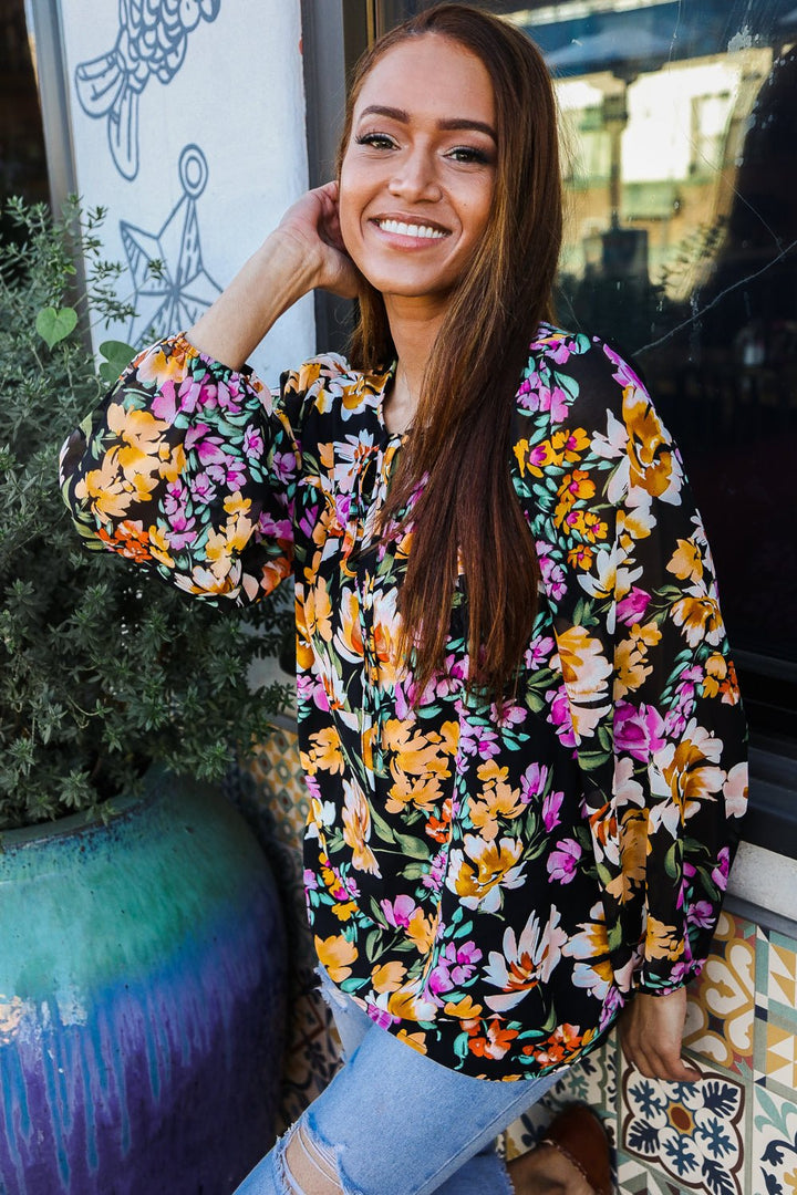 Boho Vibes Notch Tie Neck Floral Print Long Sleeve Blouse - Nikki &amp; Co. Boutique