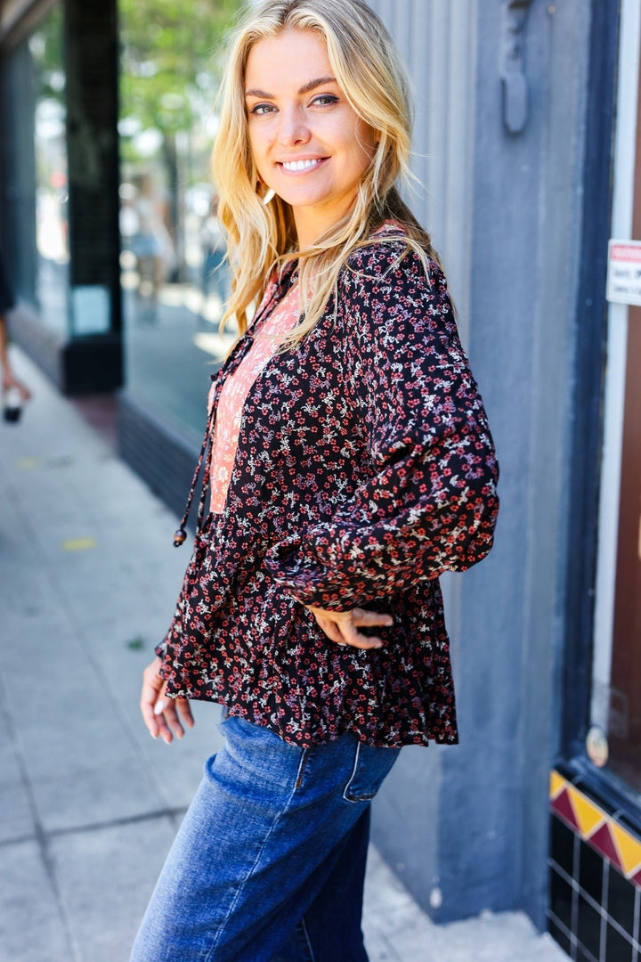Black Floral Beaded Tie Peasant Woven Blouse - Nikki &amp; Co. Boutique