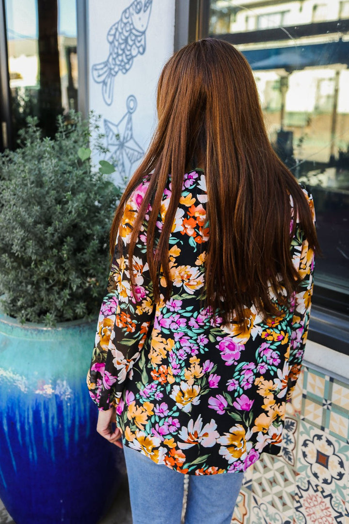 Boho Vibes Notch Tie Neck Floral Print Long Sleeve Blouse - Nikki &amp; Co. Boutique
