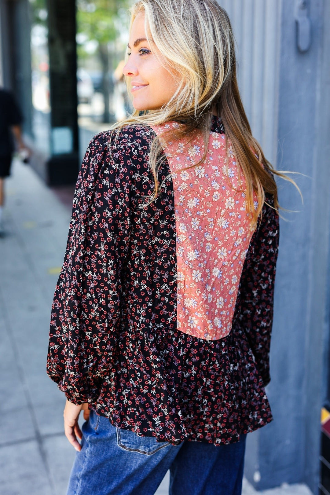 Black Floral Beaded Tie Peasant Woven Blouse - Nikki &amp; Co. Boutique