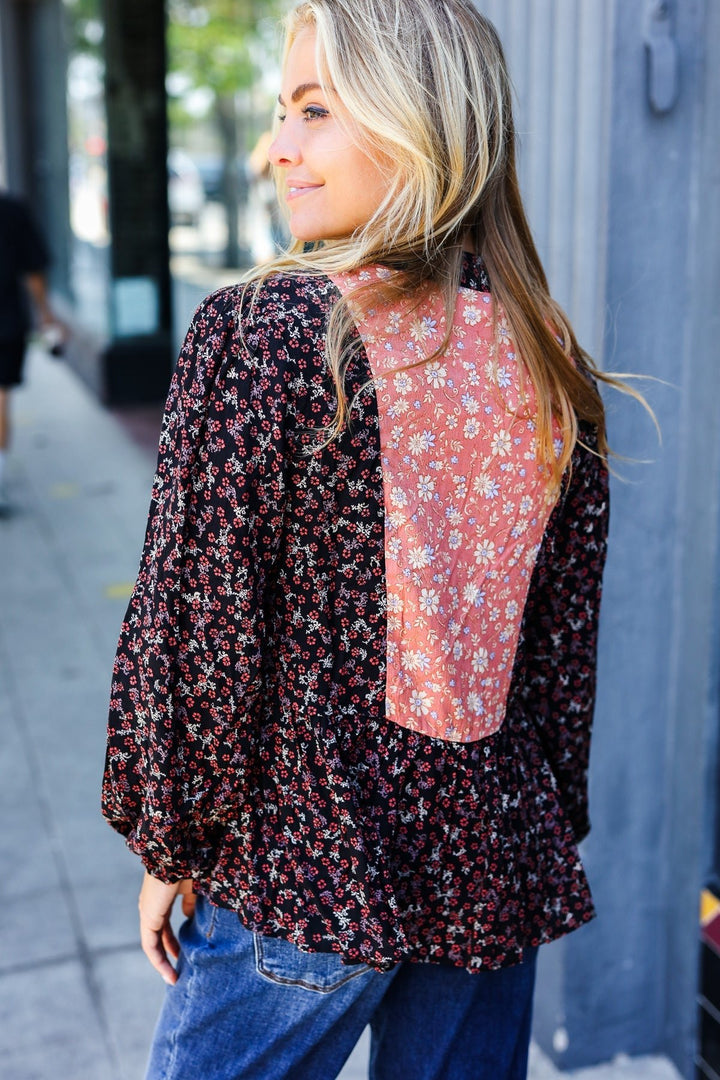Black Floral Beaded Tie Peasant Woven Blouse - Nikki &amp; Co. Boutique
