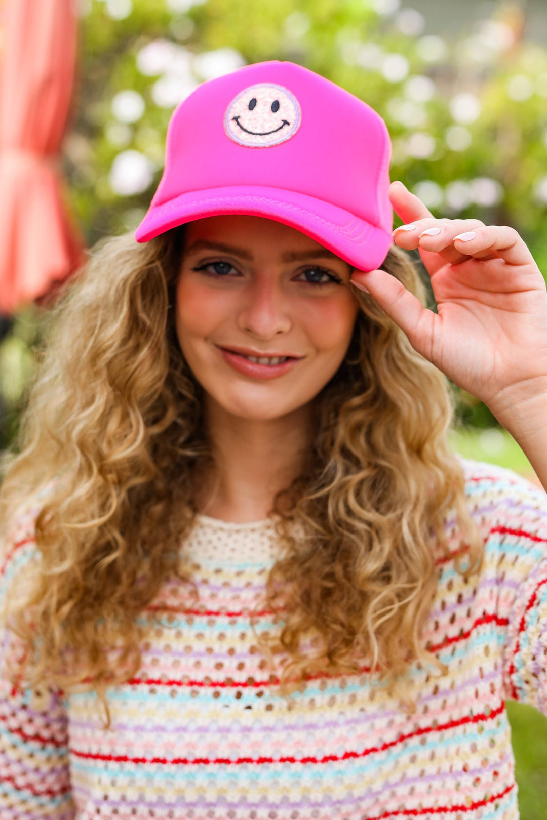 Neon Pink Glitter Smiley Face Mesh Trucker Hat | Nikki &amp; Co. Boutique