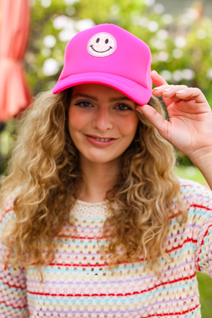 Neon Pink Glitter Smiley Face Mesh Trucker Hat | Nikki &amp; Co. Boutique