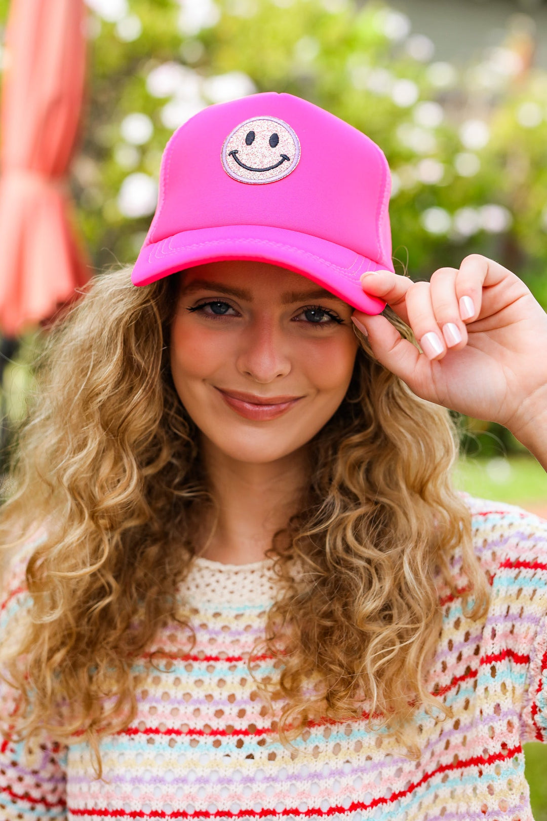 Neon Pink Glitter Smiley Face Mesh Trucker Hat | Nikki & Co. Boutique