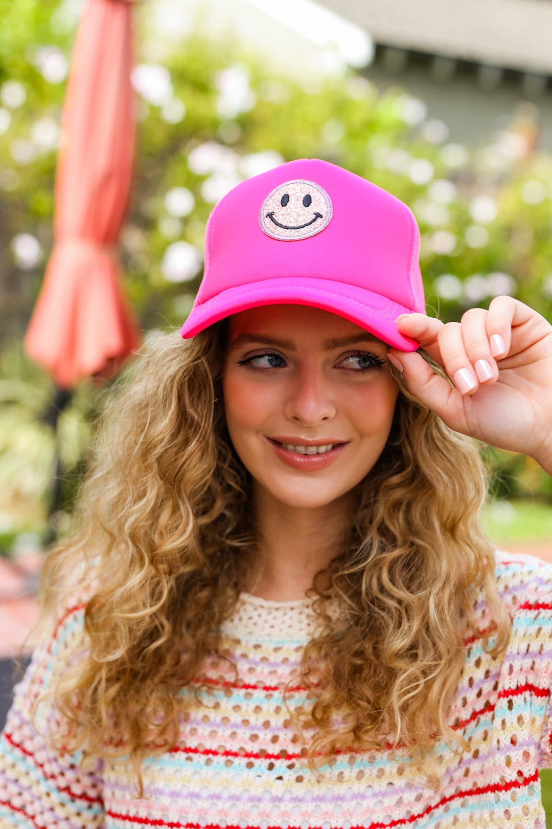 Neon Pink Glitter Smiley Face Mesh Trucker Hat | Nikki &amp; Co. Boutique