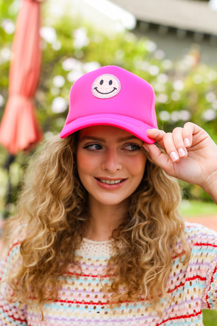 Neon Pink Glitter Smiley Face Mesh Trucker Hat | Nikki &amp; Co. Boutique