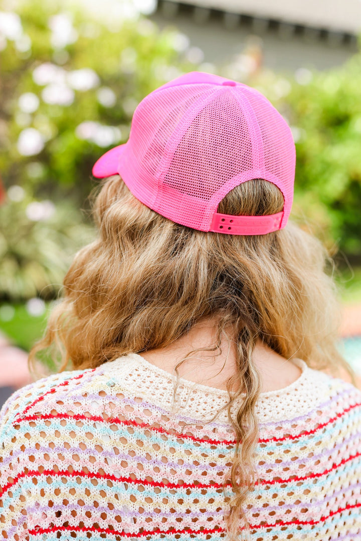 Neon Pink Glitter Smiley Face Mesh Trucker Hat | Nikki &amp; Co. Boutique