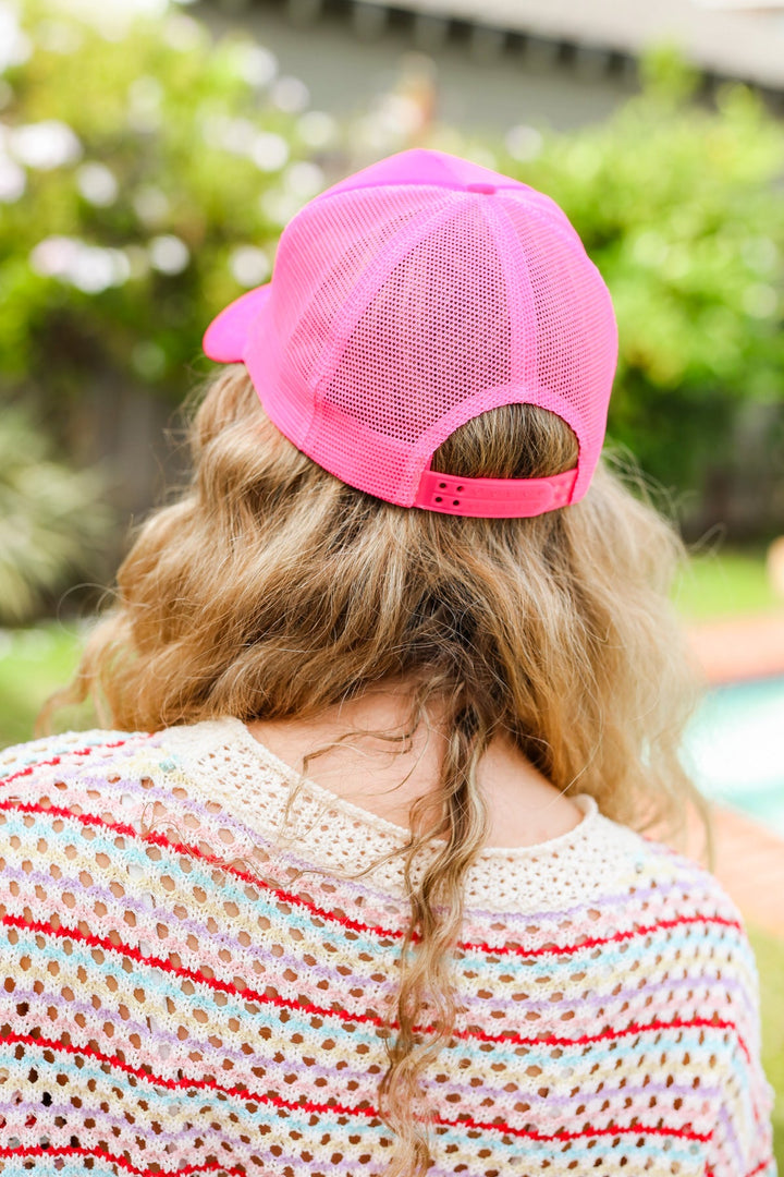 Neon Pink Glitter Smiley Face Mesh Trucker Hat | Nikki &amp; Co. Boutique