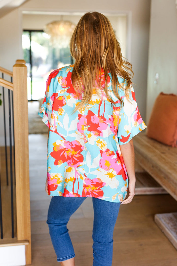 Weekend Ready Aqua &amp; Coral Floral V Neck Woven Tops | Nikki &amp; Co. Boutique